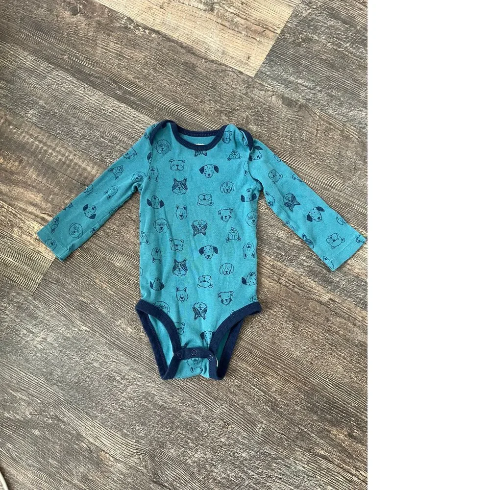 Adorable Turquoise Animal Print Long Sleeve Baby Bodysuit with Dog & Cat Pattern